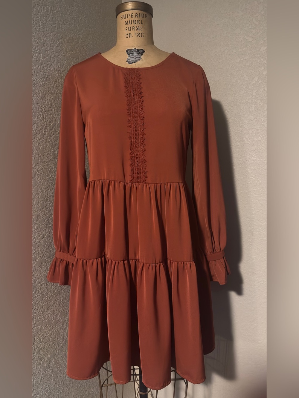 Molly Bracken Rust Long-Sleeve Tiered Midi Dress